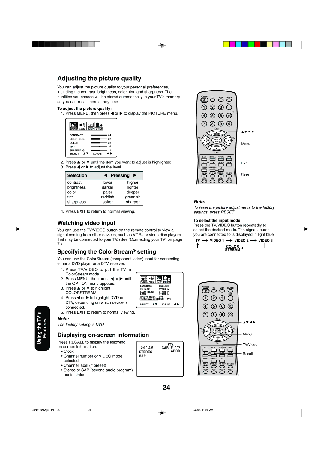 Toshiba 32A36C appendix Watching video input, Specifying the ColorStream setting, Displaying on-screen information 