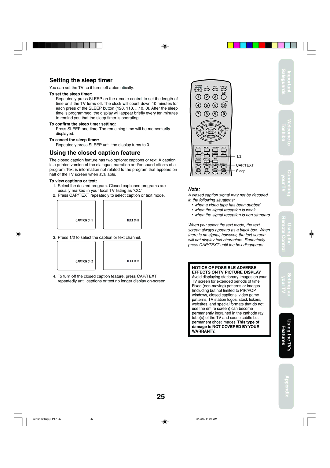 Toshiba 32A36C appendix Setting the sleep timer, Using the closed caption feature 