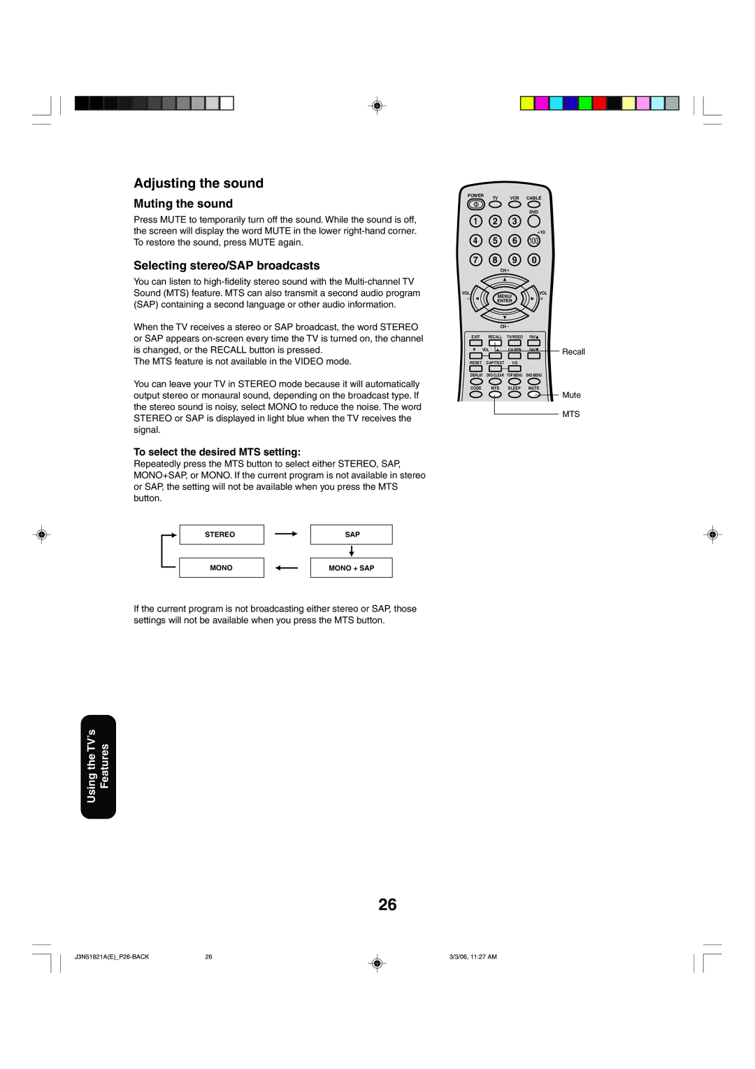 Toshiba 32A36C appendix Adjusting the sound, Muting the sound, Selecting stereo/SAP broadcasts 