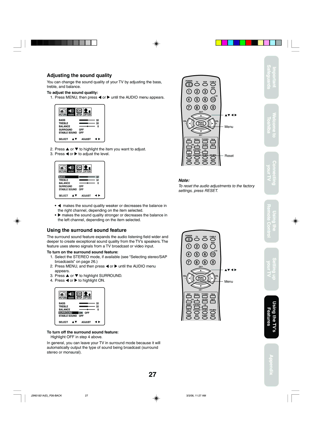 Toshiba 32A36C appendix Adjusting the sound quality, Using the surround sound feature, To adjust the sound quality 