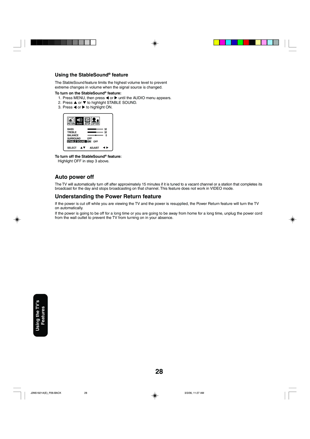 Toshiba 32A36C appendix Auto power off, Understanding the Power Return feature, Using the StableSound feature 