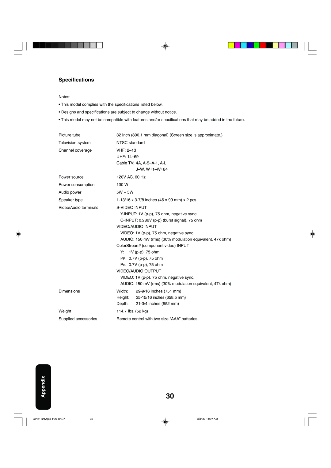 Toshiba 32A36C appendix Specifications 