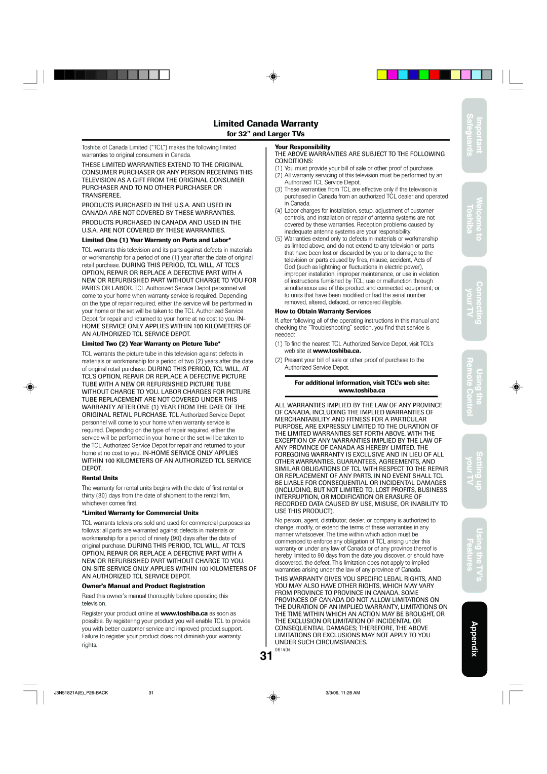 Toshiba 32A36C appendix Limited Canada Warranty 
