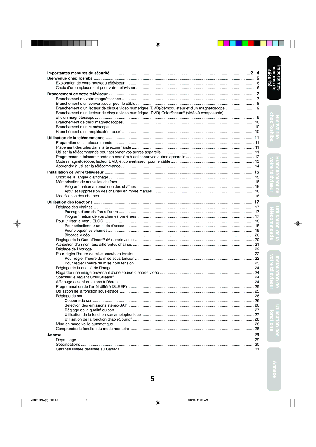 Toshiba 32A36C appendix Importantes mesures de sécurité Bienvenue chez Toshiba, Branchement de votre téléviseur, Annexe 