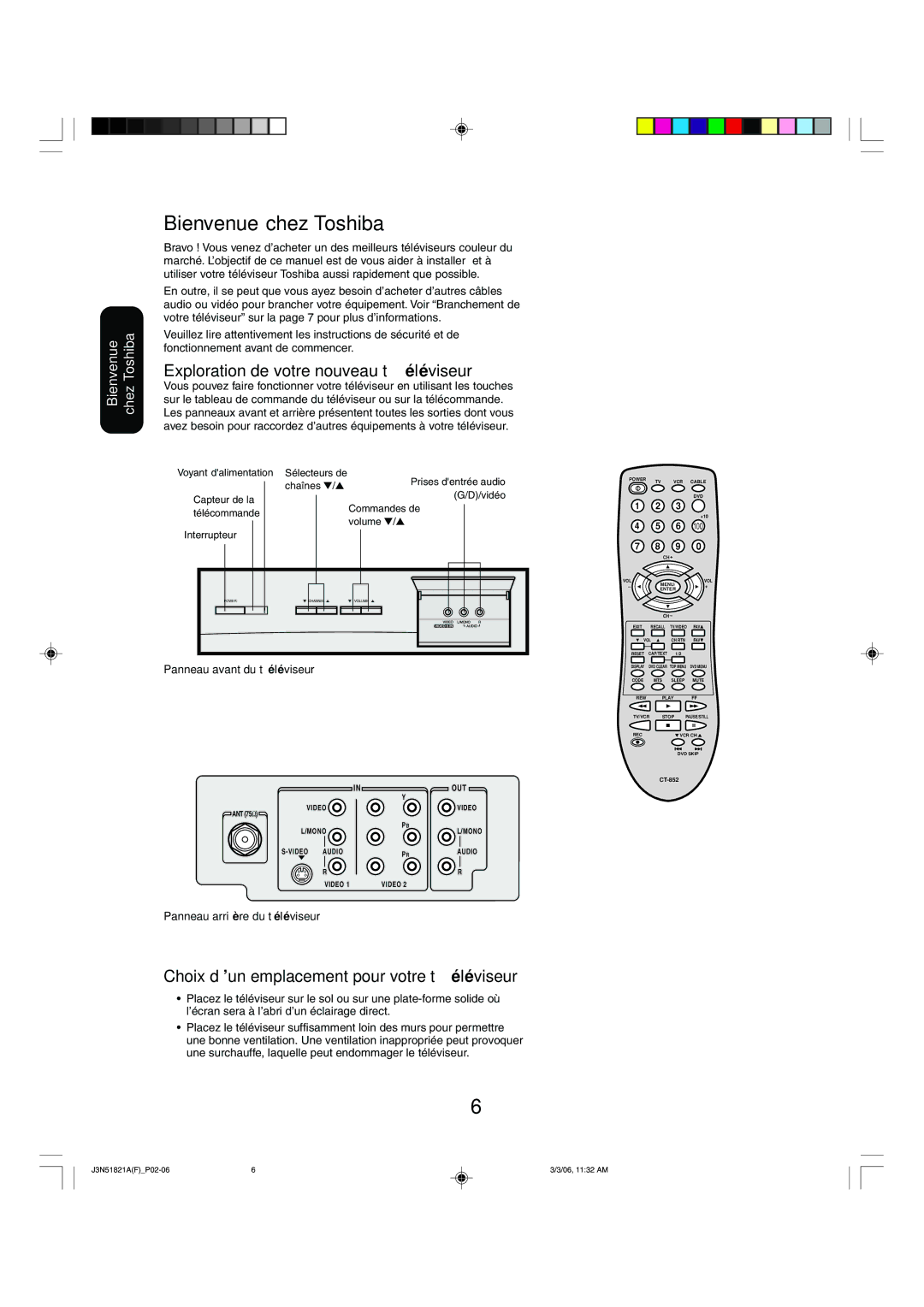 Toshiba 32A36C appendix Bienvenue chez Toshiba, Exploration de votre nouveau téléviseur, Panneau avant du téléviseur 