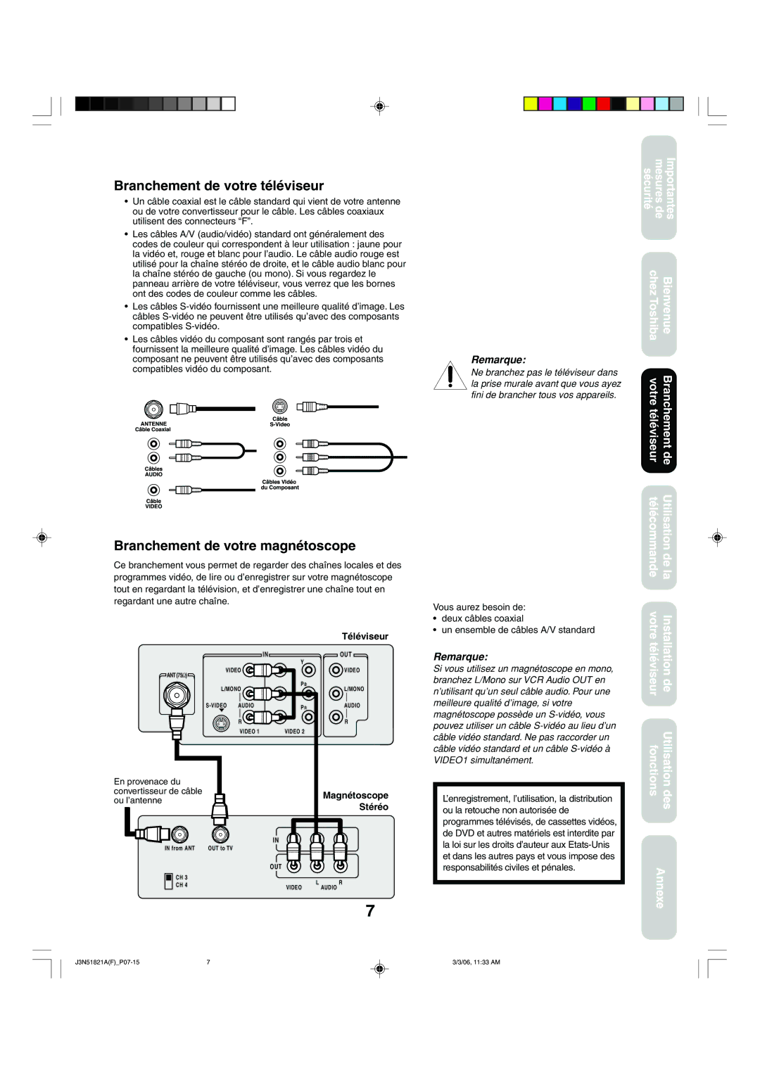 Toshiba 32A36C appendix Branchement de votre téléviseur, Branchement de votre magnétoscope, Téléviseur 