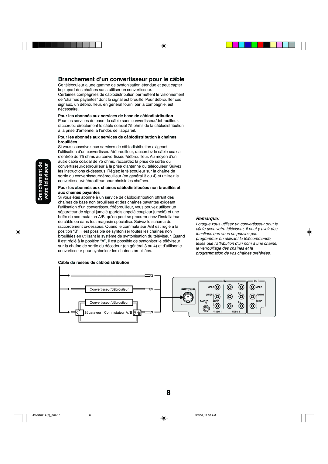 Toshiba 32A36C appendix Branchement d’un convertisseur pour le câble, La prise d’antenne, à l’endos de l’appareil 