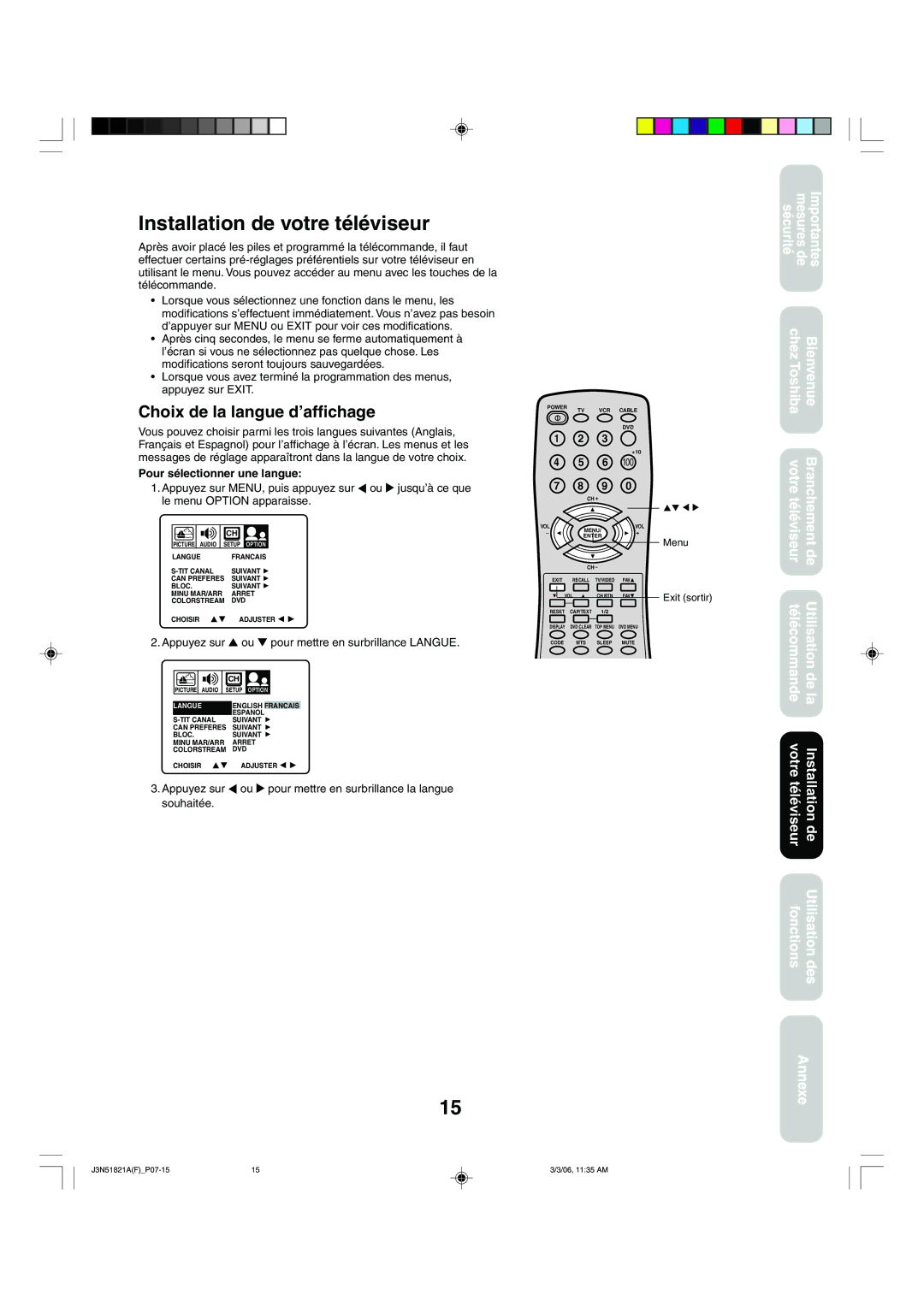 Toshiba 32A36C appendix Installation de votre téléviseur, Choix de la langue d’affichage, Pour sélectionner une langue 