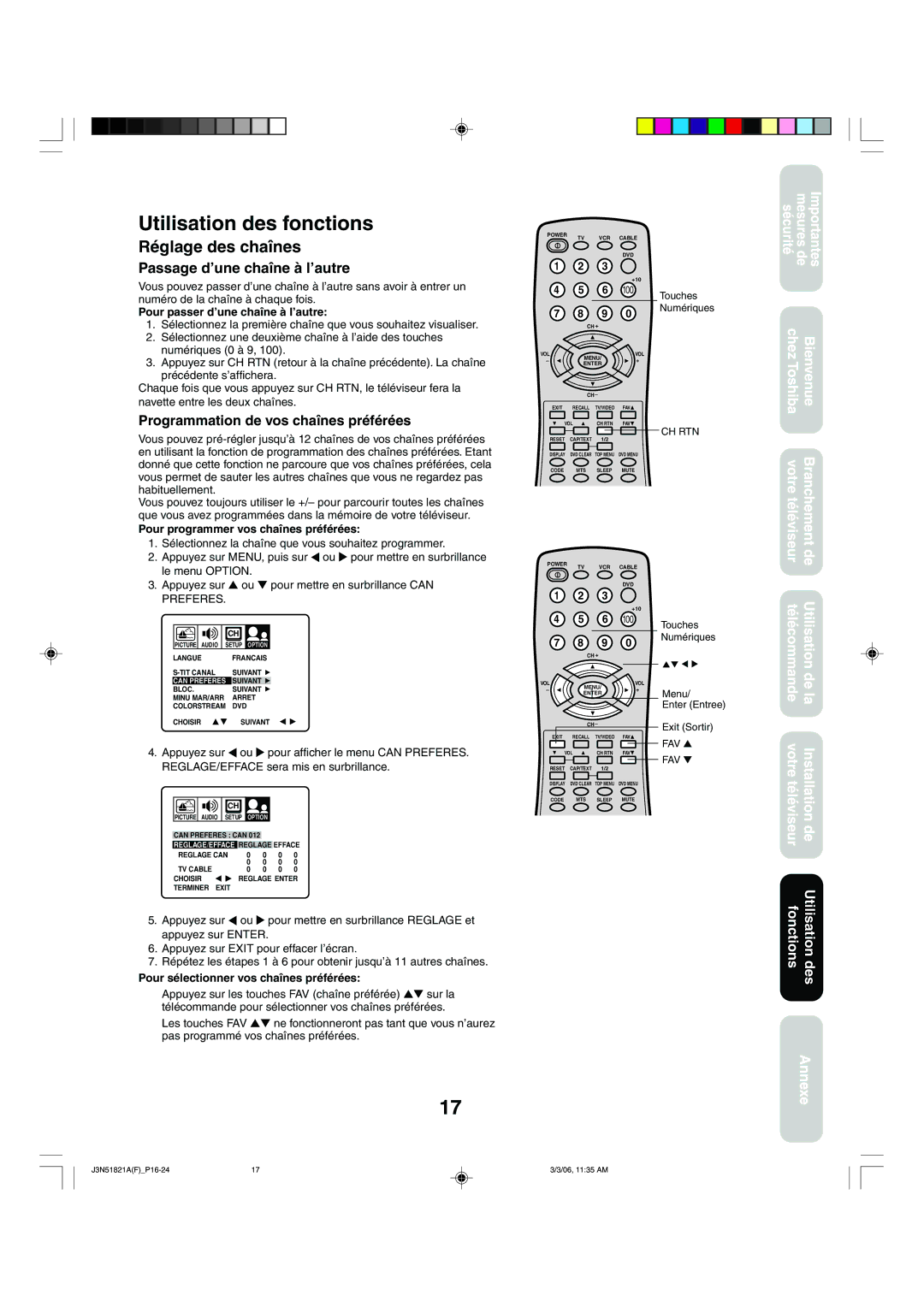 Toshiba 32A36C appendix Utilisation des fonctions, Réglage des chaînes, Passage d’une chaîne à l’autre 