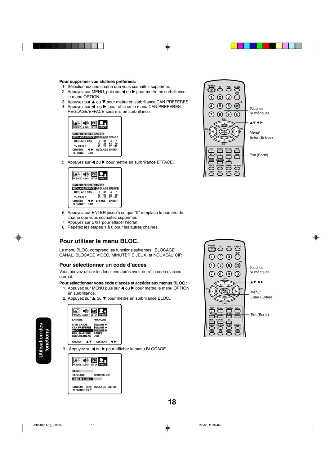 Toshiba 32A36C appendix Pour utiliser le menu Bloc, Pour sélectionner un code d’accès, Pour supprimer vos chaînes préférées 