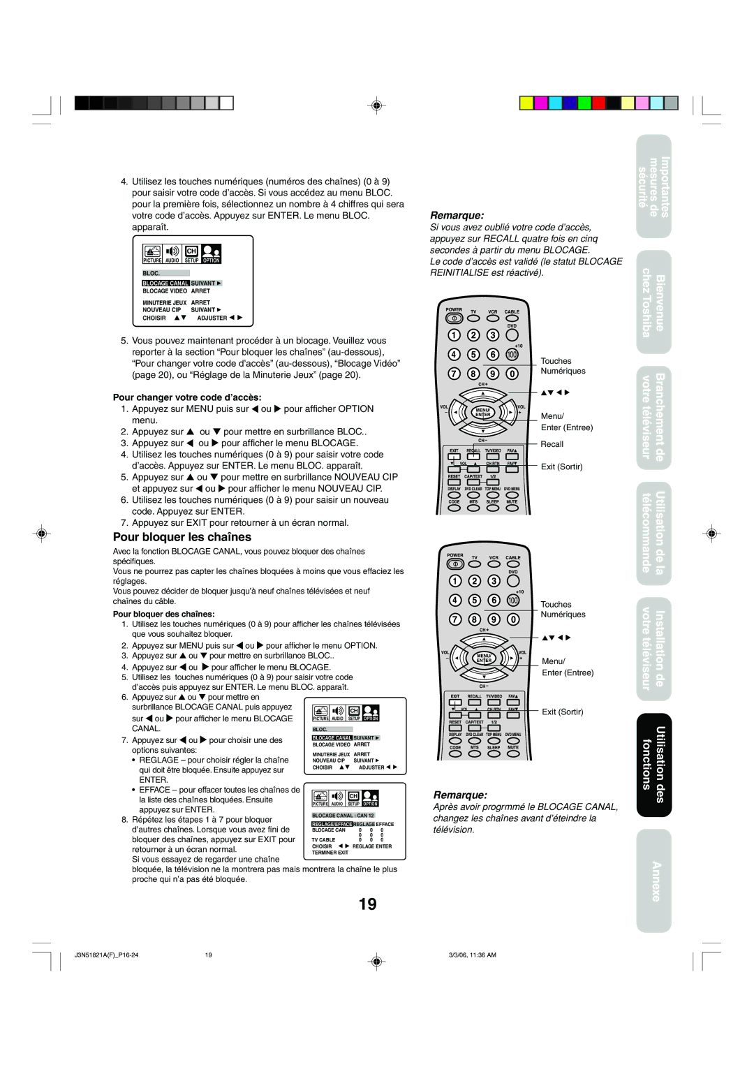 Toshiba 32A36C appendix Pour bloquer les chaînes, Pour changer votre code d’accès, Pour bloquer des chaînes 