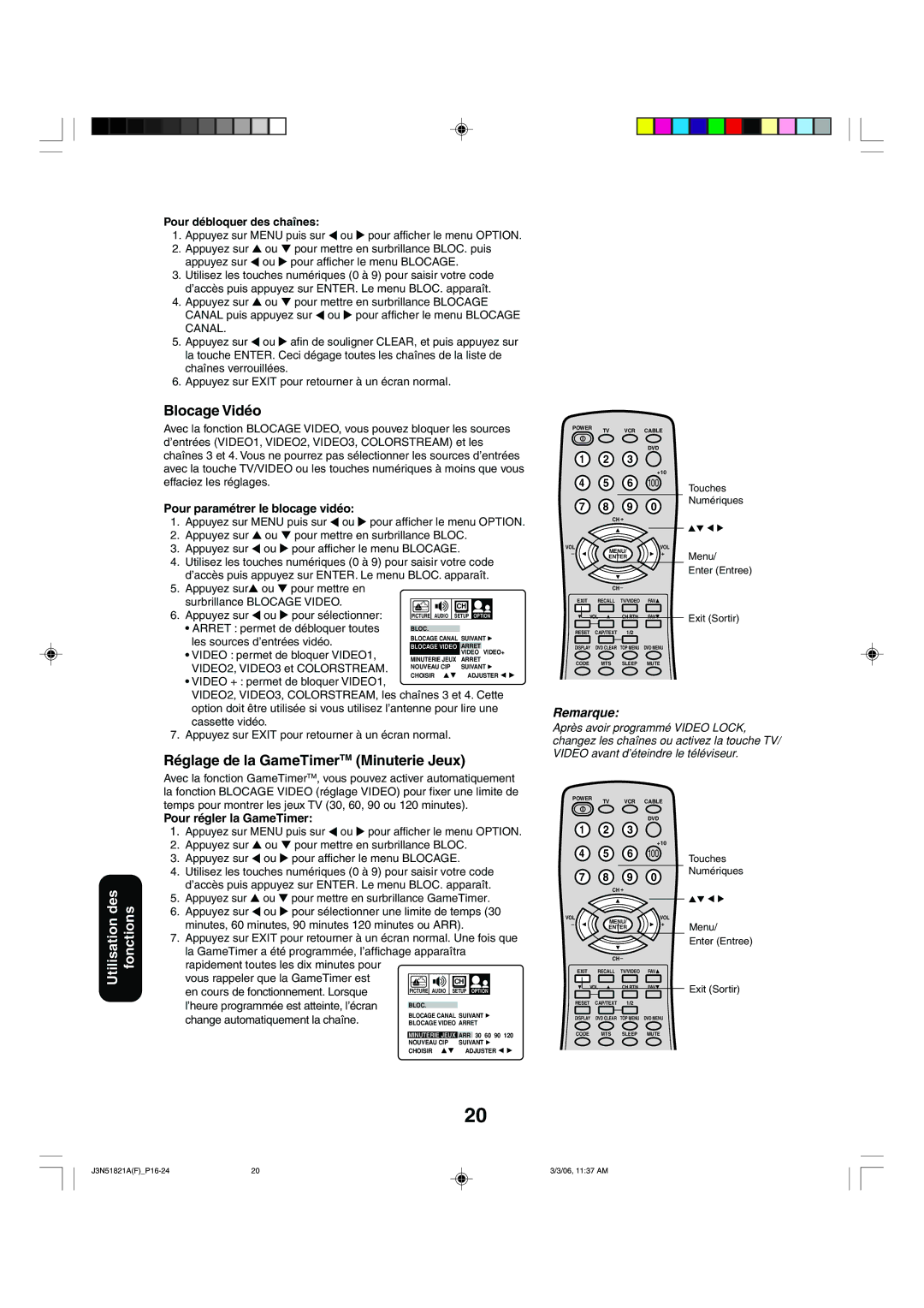 Toshiba 32A36C appendix Blocage Vidéo, Réglage de la GameTimerTM Minuterie Jeux, Pour débloquer des chaînes 