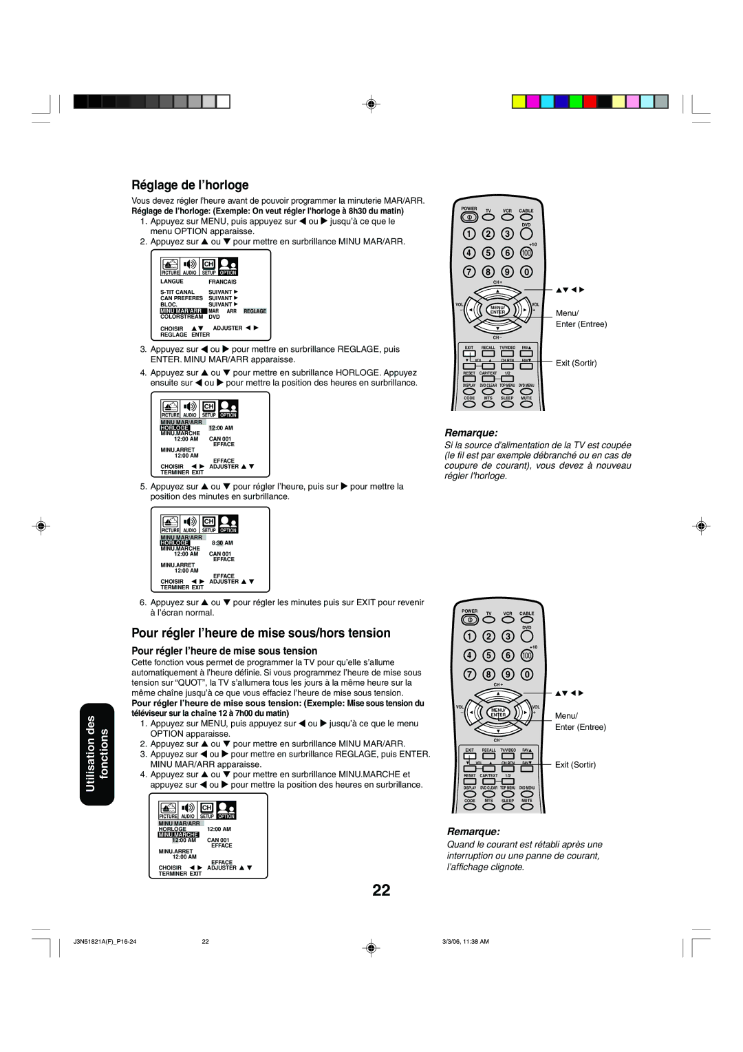 Toshiba 32A36C appendix Réglage de l’horloge, Pour régler l’heure de mise sous/hors tension, Enter Entree 