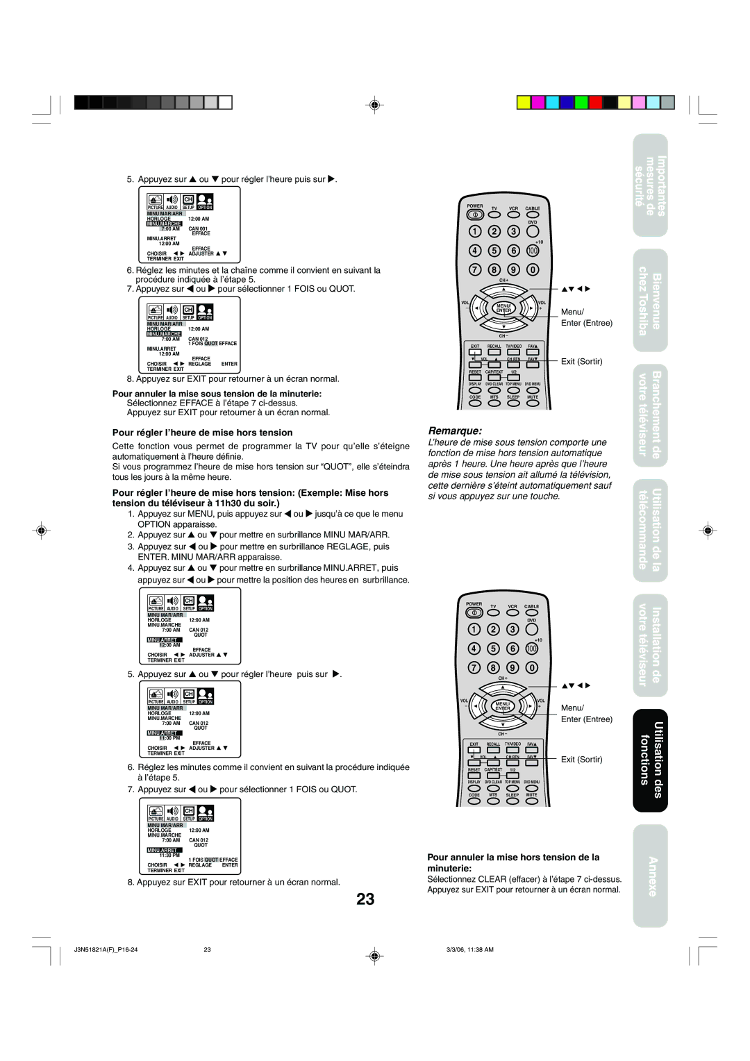 Toshiba 32A36C appendix Pour régler l’heure de mise hors tension, Pour annuler la mise hors tension de la minuterie 