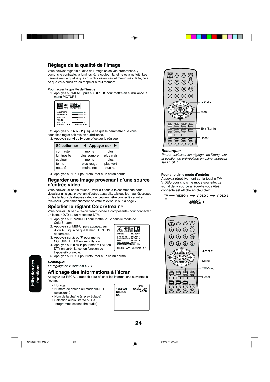 Toshiba 32A36C appendix Réglage de la qualité de l’image, Regarder une image provenant d’une source d’entrée vidéo 