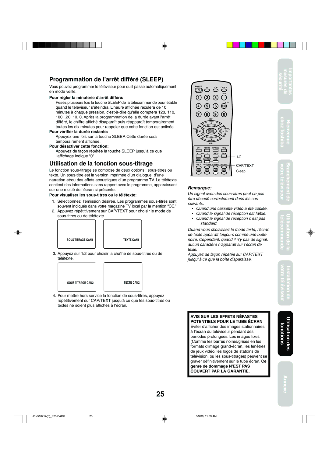 Toshiba 32A36C appendix Programmation de l’arrêt différé Sleep, Utilisation de la fonction sous-titrage 