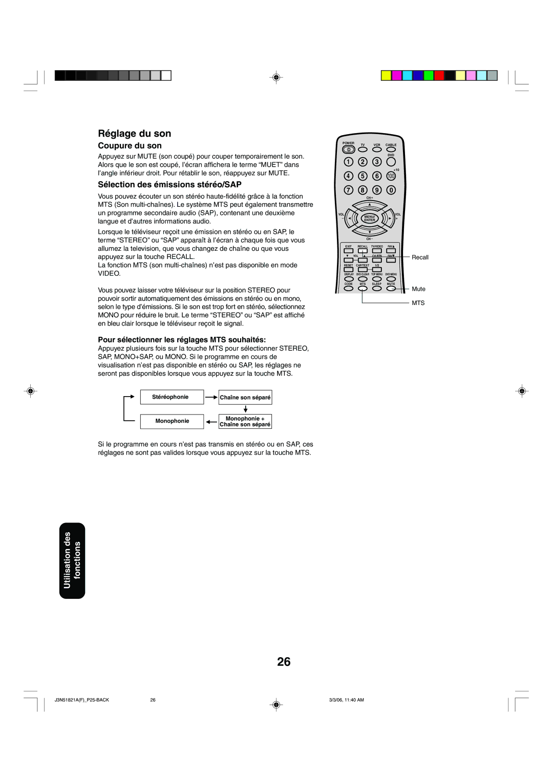 Toshiba 32A36C appendix Réglage du son, Coupure du son, Sélection des émissions stéréo/SAP 