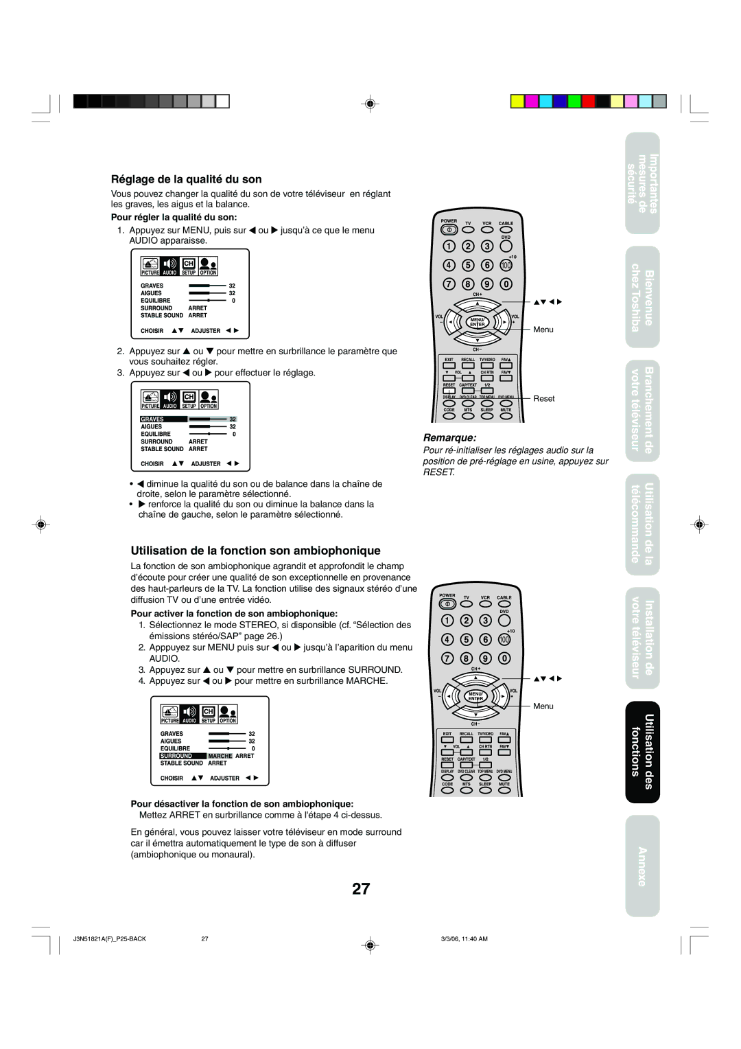 Toshiba 32A36C Réglage de la qualité du son, Utilisation de la fonction son ambiophonique, Pour régler la qualité du son 