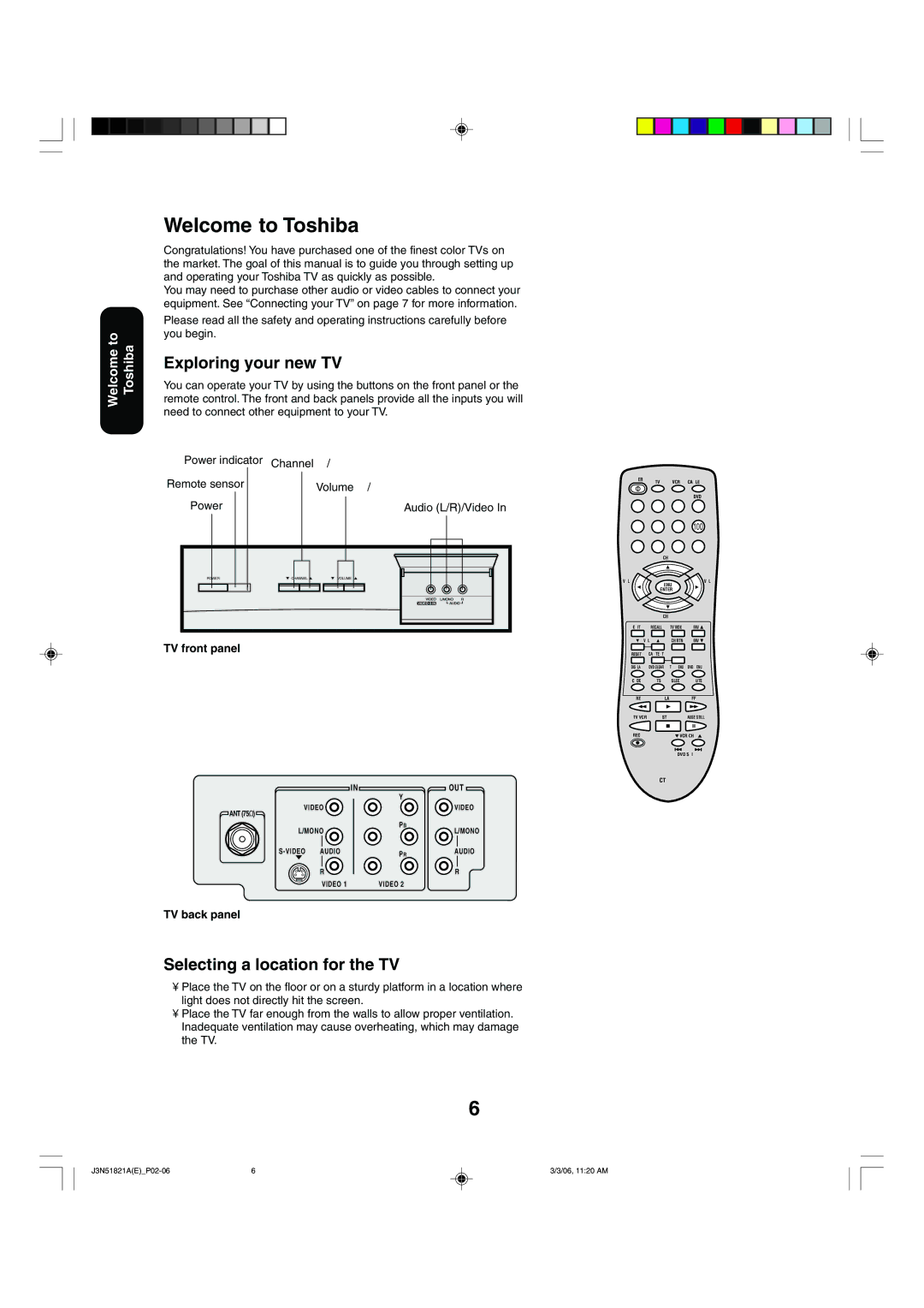 Toshiba 32A36C Welcome to Toshiba, Exploring your new TV, Selecting a location for the TV, TV front panel, TV back panel 