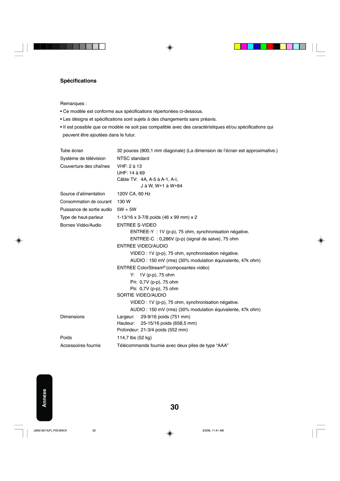 Toshiba 32A36C appendix Spécifications, Entree S-VIDEO 