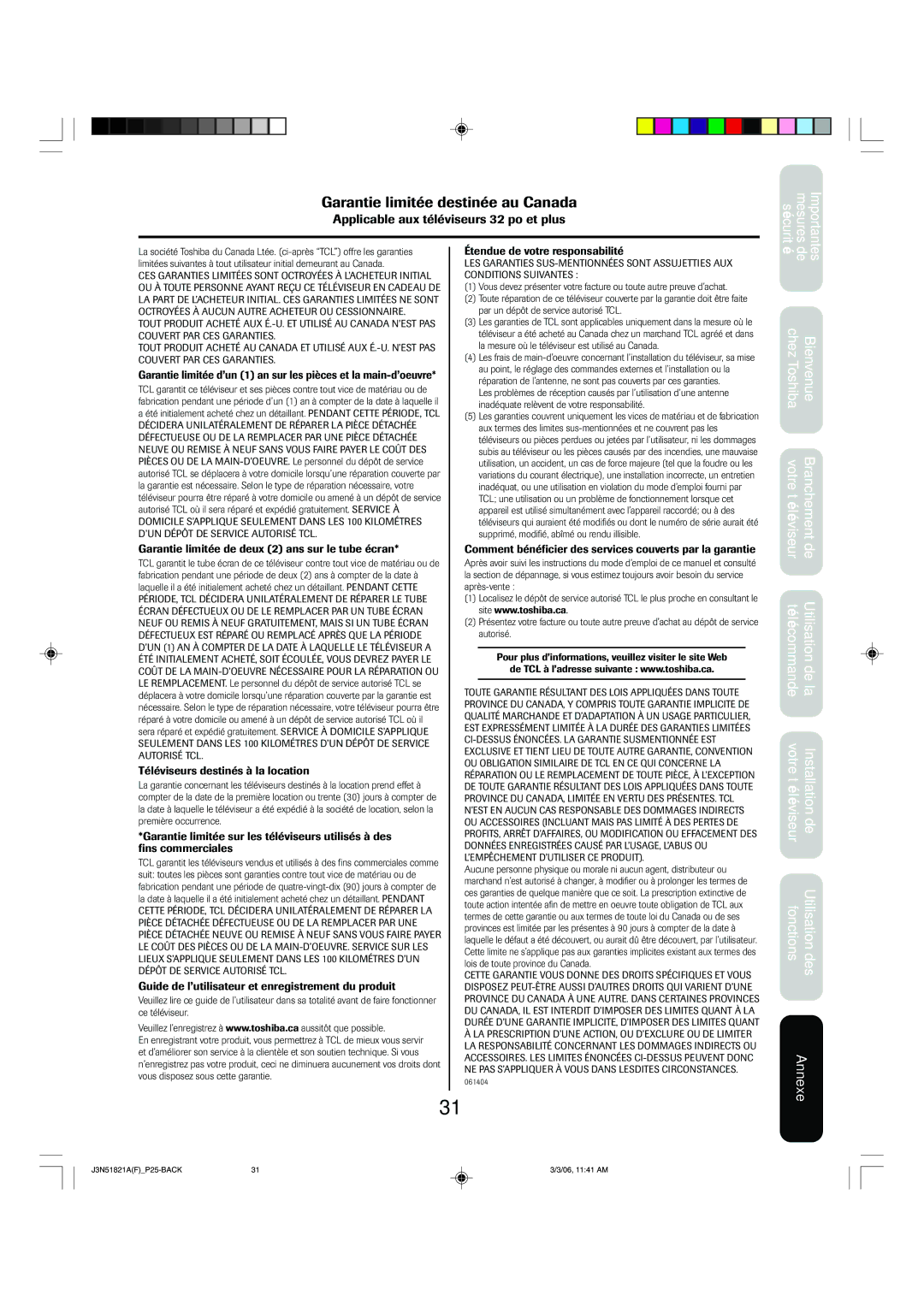 Toshiba 32A36C appendix Garantie limitée destinée au Canada 