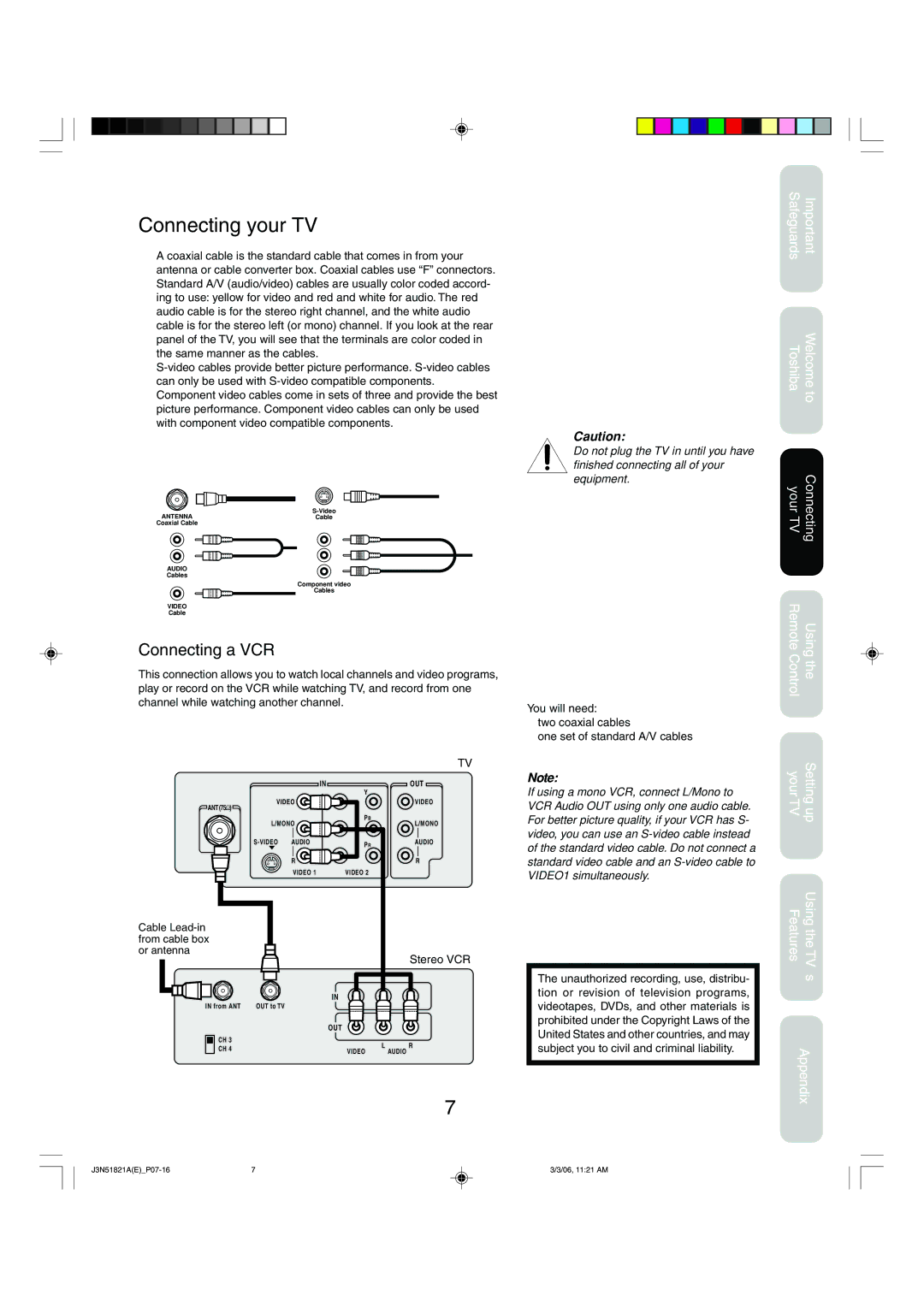 Toshiba 32A36C appendix Connecting your TV, Connecting a VCR, Stereo VCR, Subject you to civil and criminal liability 