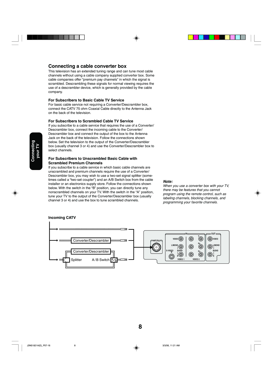 Toshiba 32A36C appendix Connecting a cable converter box, Converter/Descrambler Splitter Switch a B 