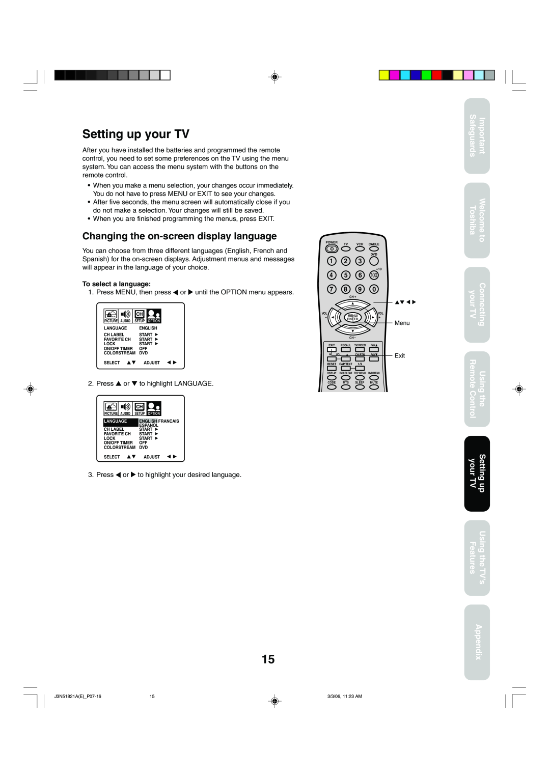 Toshiba 32A36C appendix Setting up your TV, Changing the on-screen display language, Appendix, To select a language 
