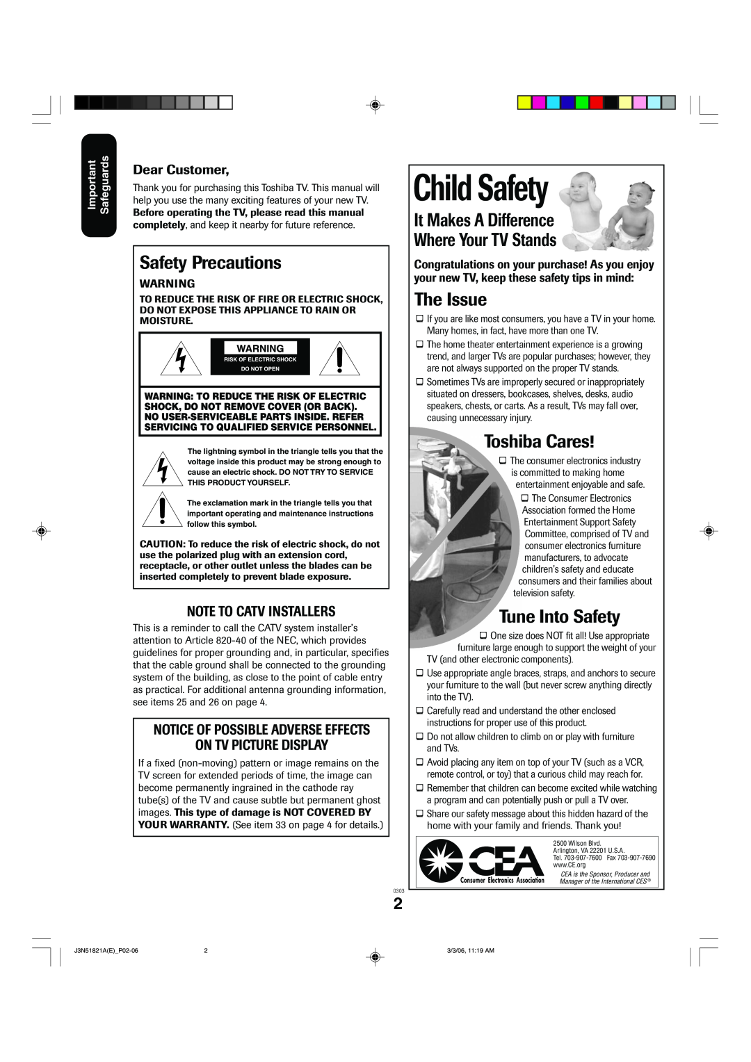 Toshiba 32A36C Child Safety, Safety Precautions, It Makes A Difference Where Your TV Stands, The Issue, Toshiba Cares 