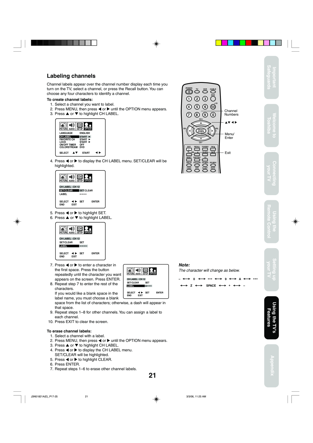 Toshiba 32A36C Labeling channels, Safeguards Toshiba your TV Remote Control your TV Features, TV’s Appendix, Using the 