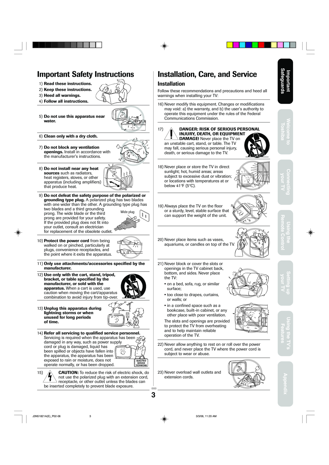 Toshiba 32A36C appendix Important Safety Instructions, Installation, Care, and Service, your TVSetting up, Appendix 