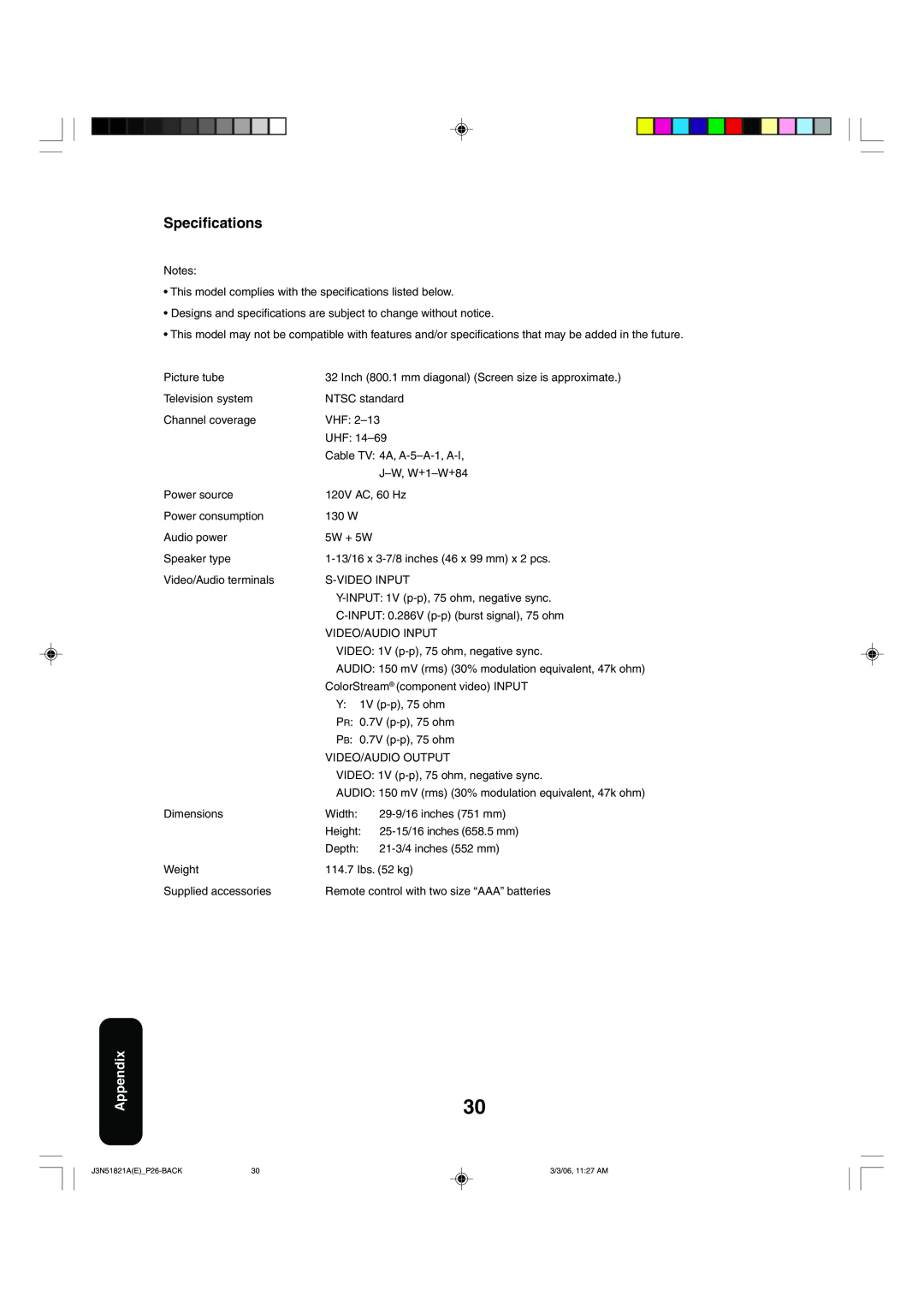 Toshiba 32A36C appendix Specifications, Appendix 