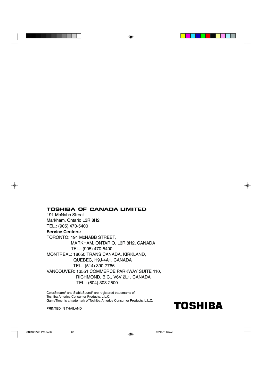 Toshiba 32A36C appendix Service Centers 