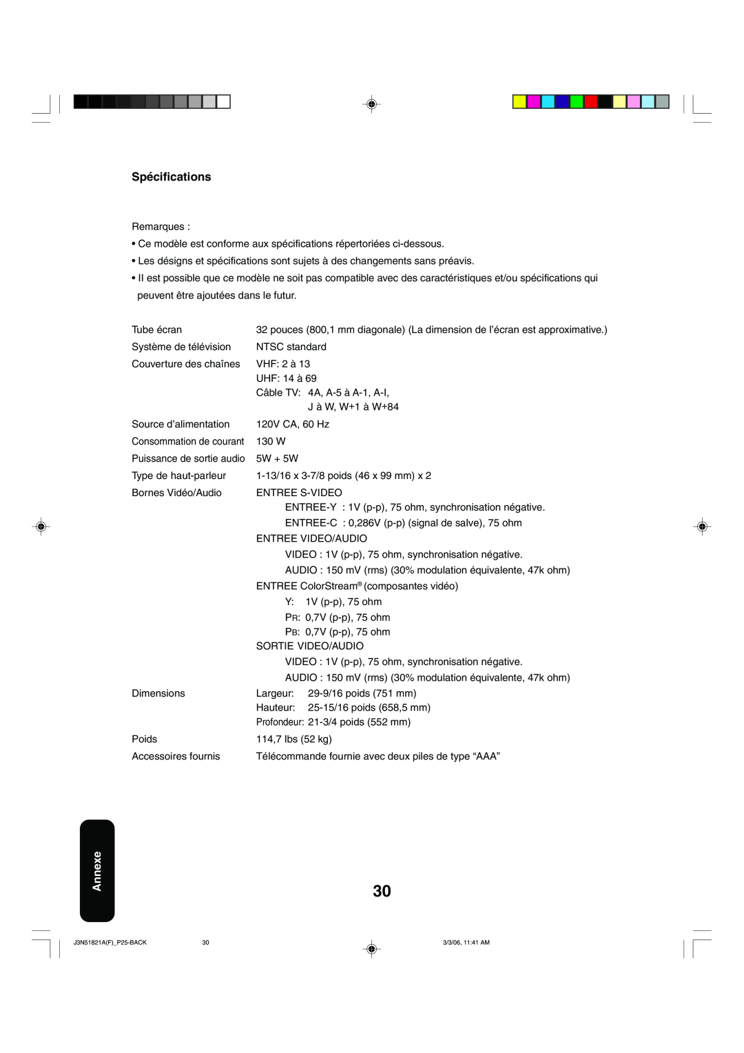 Toshiba 32A36C appendix Spécifications, Annexe 