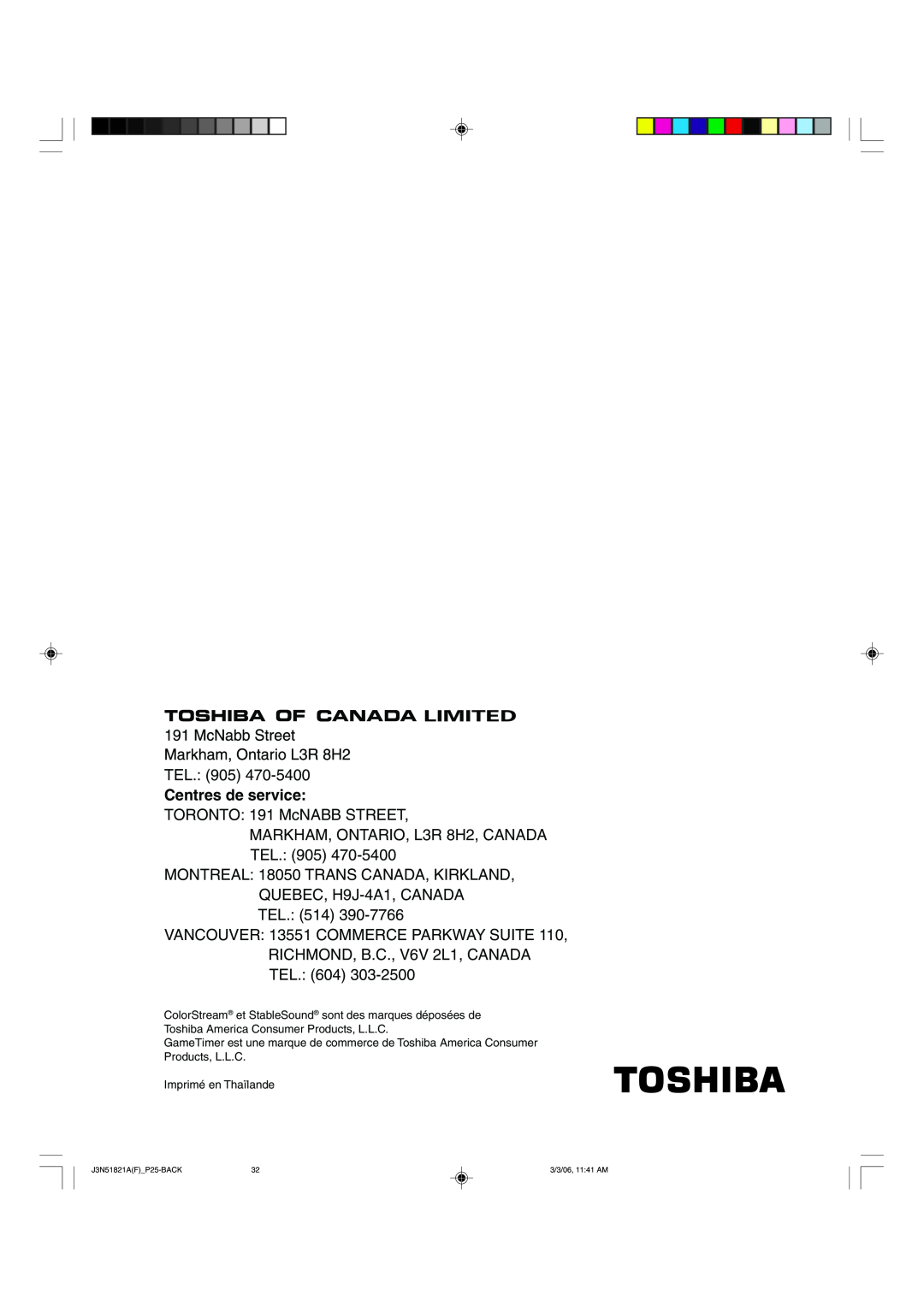 Toshiba 32A36C appendix Centres de service 
