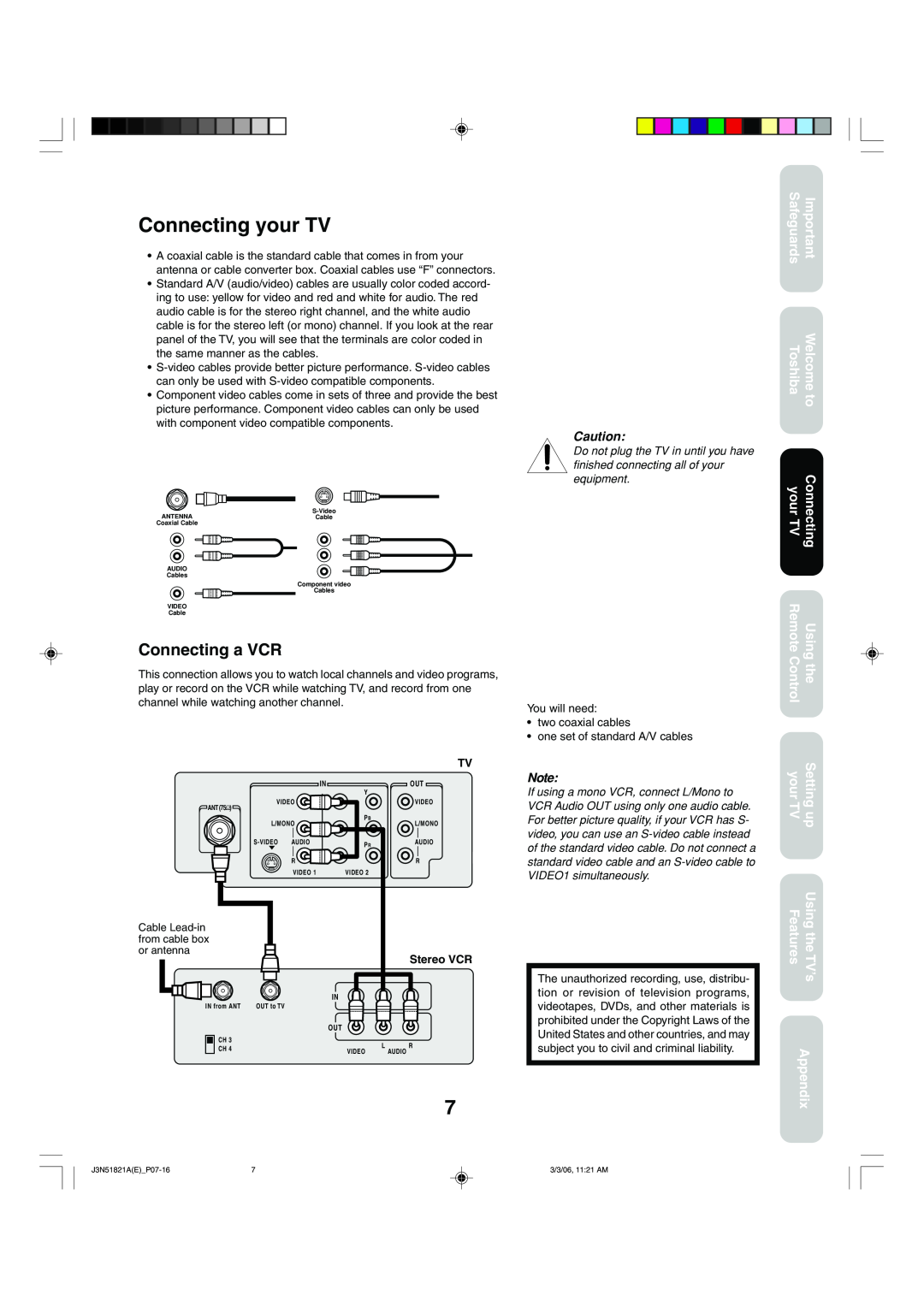 Toshiba 32A36C Connecting your TV, Connecting a VCR, Safeguards Toshiba your TV Remote Control, your TV Features, Appendix 