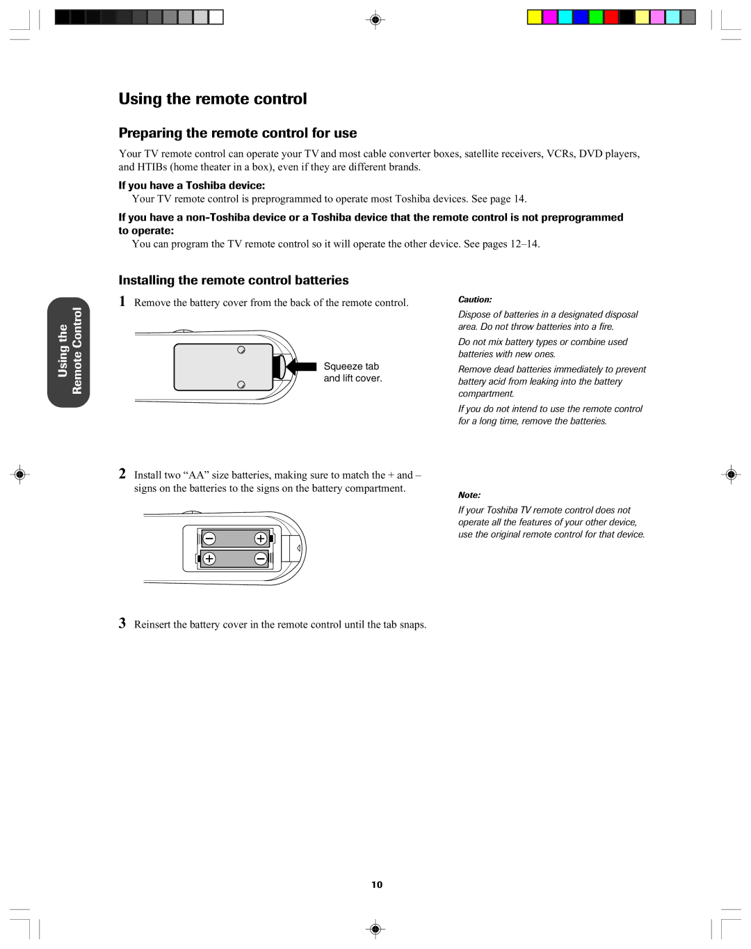 Toshiba 32A43 Preparing the remote control for use, Installing the remote control batteries, If you have a Toshiba device 