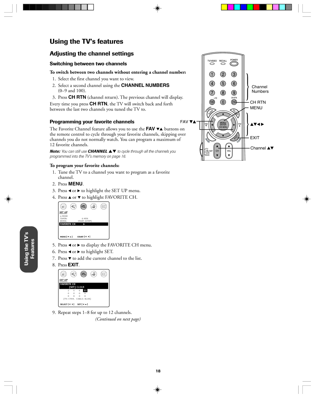 Toshiba 32A43, 36A43 Adjusting the channel settings, Switching between two channels, Programming your favorite channels 