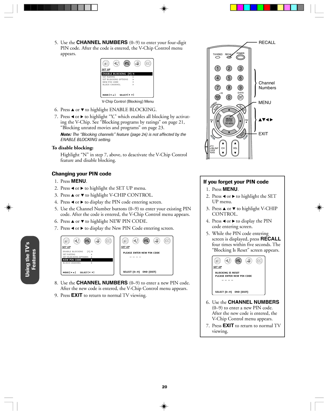 Toshiba 32A43, 36A43 owner manual Changing your PIN code, If you forget your PIN code, To disable blocking 