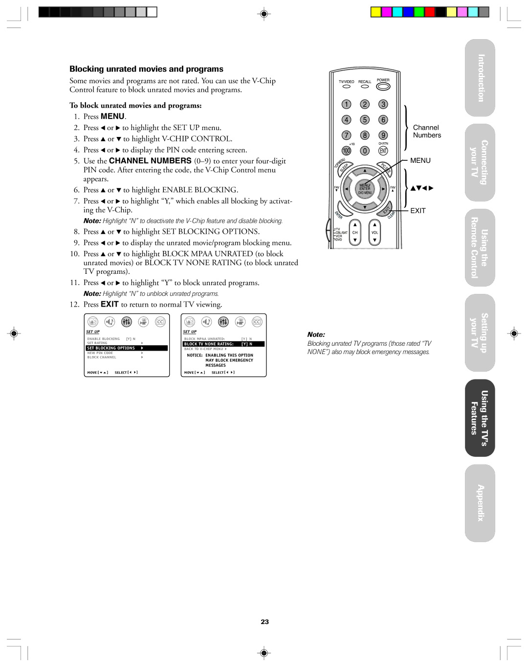 Toshiba 36A43, 32A43 owner manual Blocking unrated movies and programs, To block unrated movies and programs 