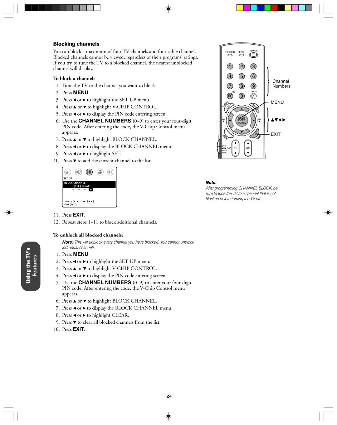 Toshiba 32A43, 36A43 owner manual Blocking channels, To block a channel, To unblock all blocked channels 