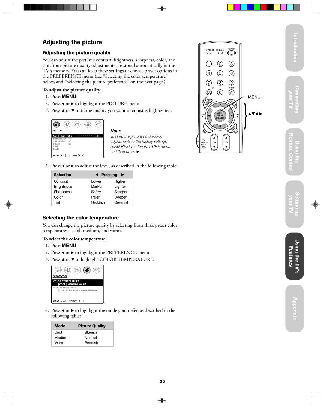 Toshiba 36A43, 32A43 Adjusting the picture quality, Selecting the color temperature, To adjust the picture quality 