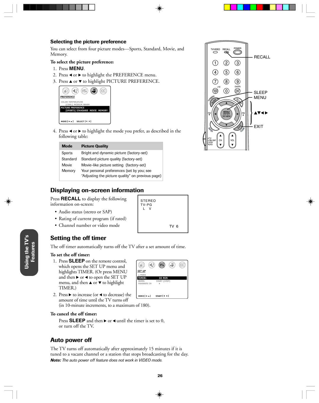 Toshiba 32A43 Displaying on-screen information, Setting the off timer, Auto power off, Selecting the picture preference 