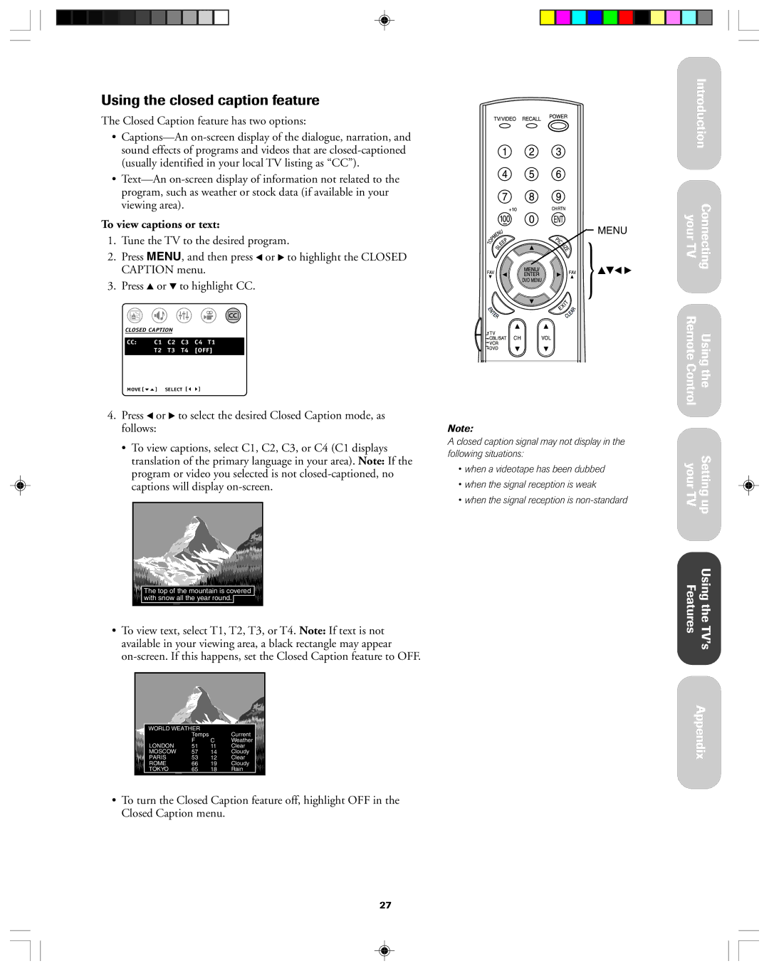 Toshiba 36A43, 32A43 owner manual Using the closed caption feature, To view captions or text 