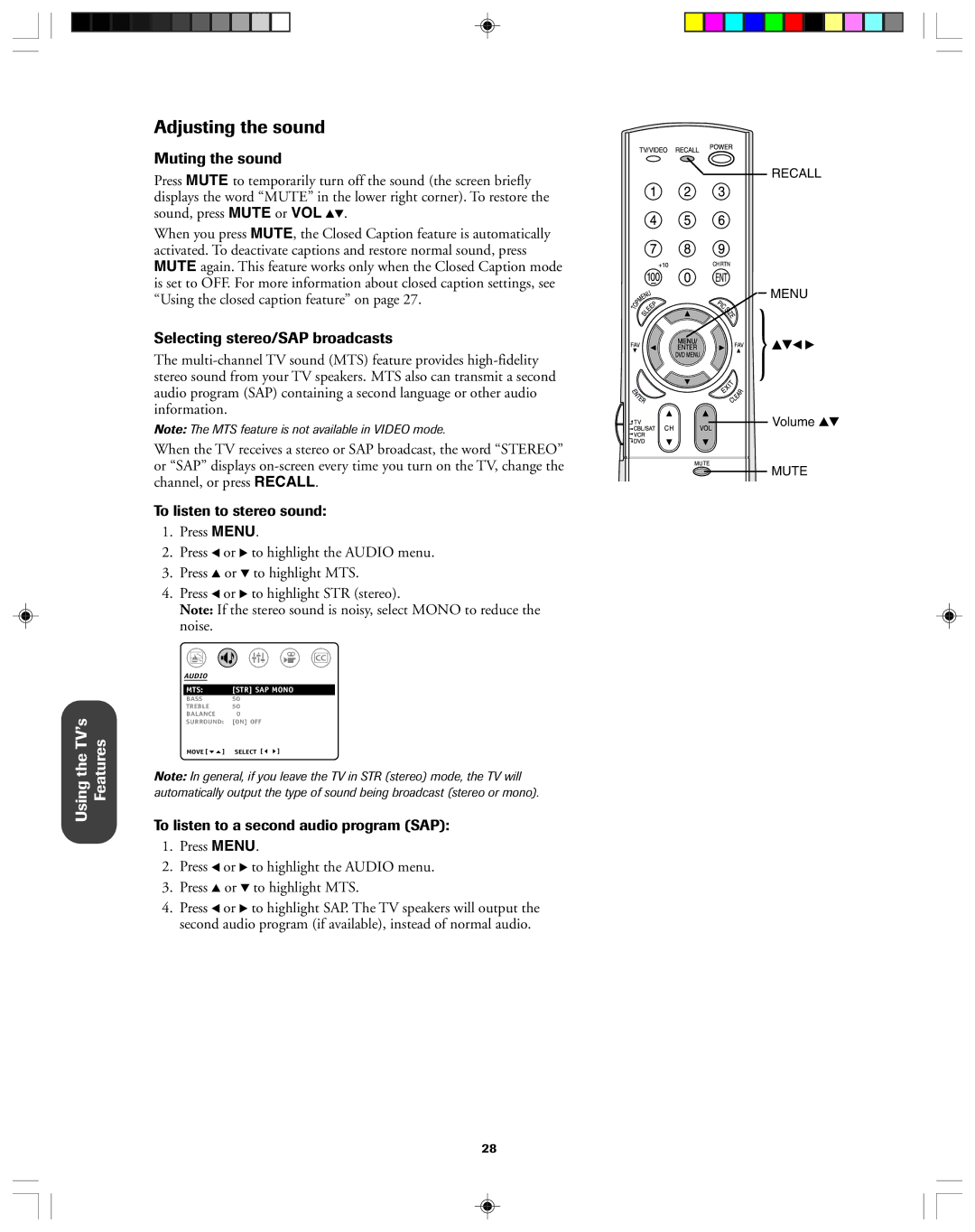 Toshiba 32A43, 36A43 owner manual Adjusting the sound, Muting the sound, Selecting stereo/SAP broadcasts 