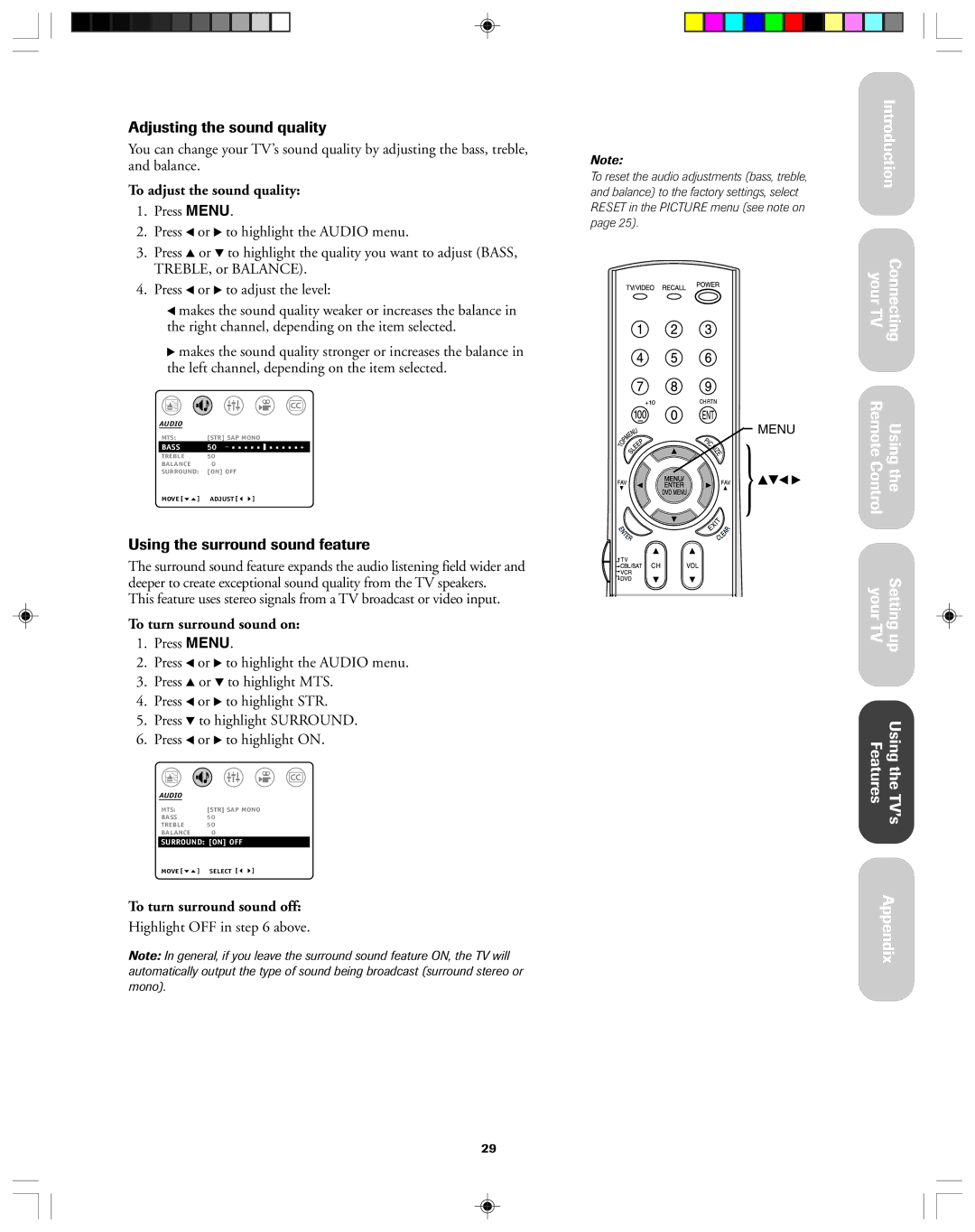 Toshiba 36A43, 32A43 owner manual Adjusting the sound quality, Using the surround sound feature, To adjust the sound quality 