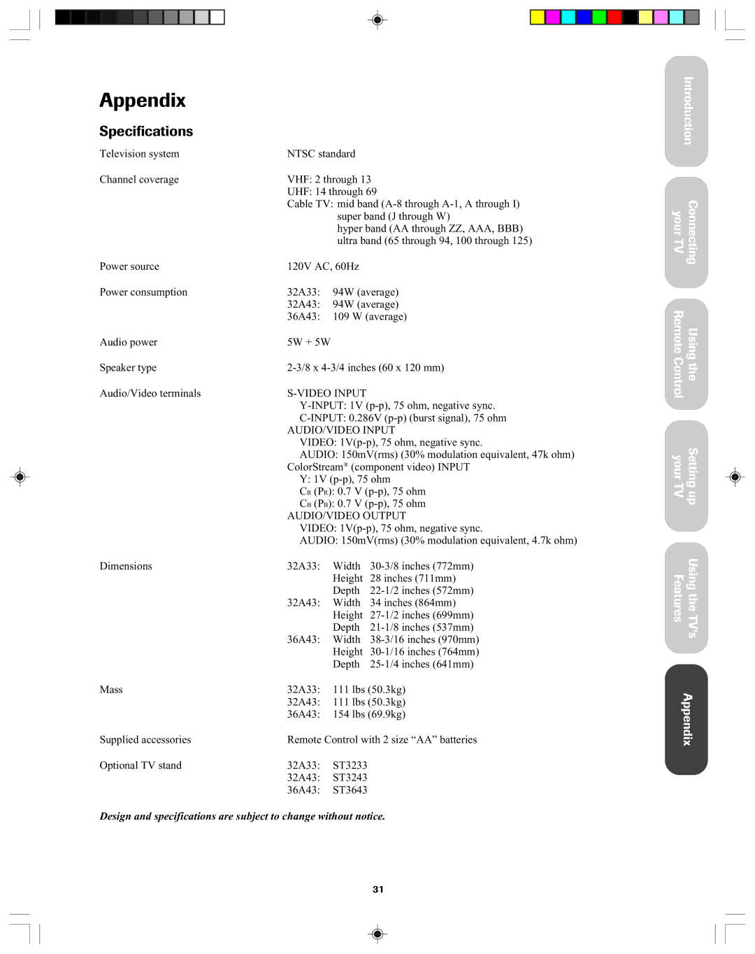 Toshiba 36A43, 32A43 owner manual Appendix, Specifications 