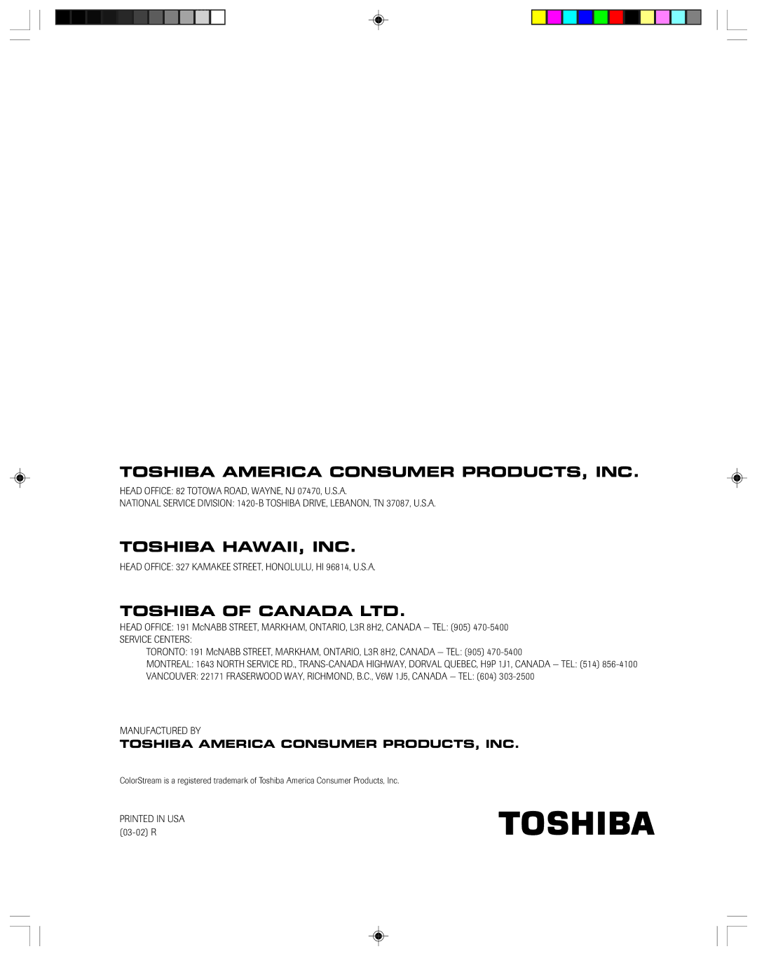 Toshiba 32A43, 36A43 owner manual Toshiba America Consumer PRODUCTS, INC 