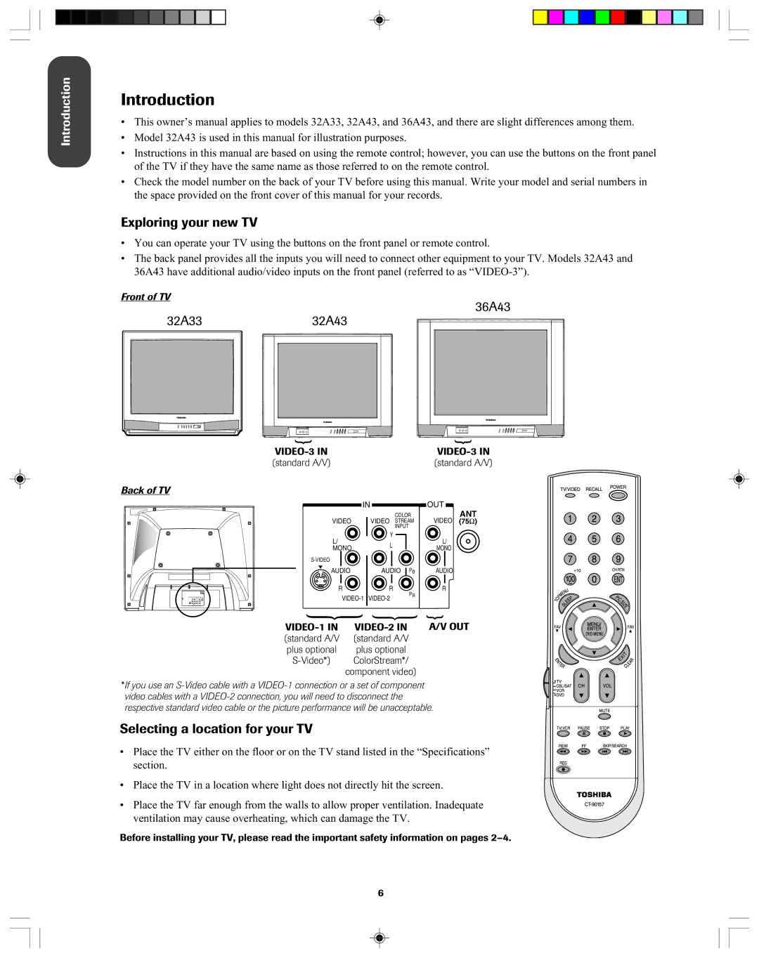 Toshiba owner manual Exploring your new TV, 36A43 32A3332A43, Selecting a location for your TV 