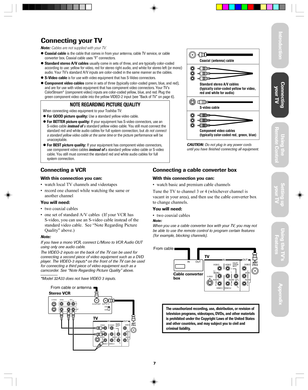 Toshiba 36A43, 32A43 Connecting a VCR, Connecting a cable converter box, With this connection you can, You will need 